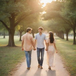 A young happy couple holding hands on a romantic walk in a beautiful sunset-lit park. The woman is wearing a stylish sundress, and the man a casual shirt and jeans.