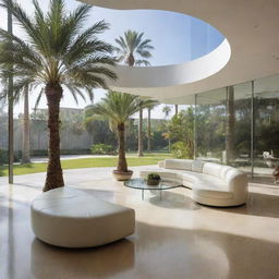 A comfortable first-floor seating area enveloped by polished glass walls on three sides. A palm tree stands majestically in the center surrounded by a neatly cut circular floor opening at the seating level.