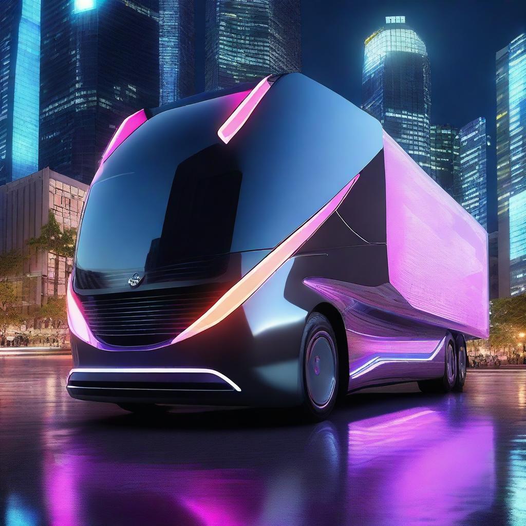 A futuristic concept truck with an innovative and aerodynamic design, featuring a glossy finish and cutting-edge technology