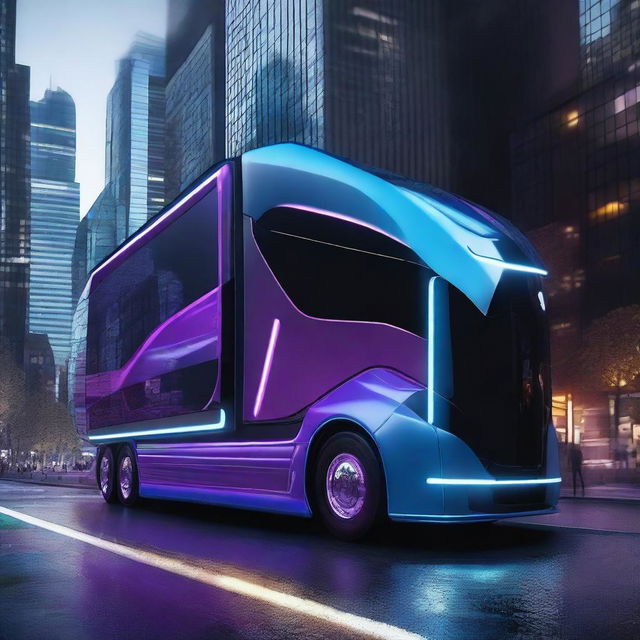 A futuristic concept truck with an innovative and aerodynamic design, featuring a glossy finish and cutting-edge technology