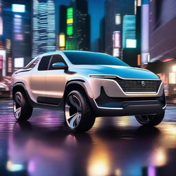 A futuristic concept pickup truck with an innovative and aerodynamic design, featuring a glossy finish and cutting-edge technology