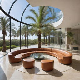 A comfortable first-floor seating area enveloped by polished glass walls on three sides. A palm tree stands majestically in the center surrounded by a neatly cut circular floor opening at the seating level.