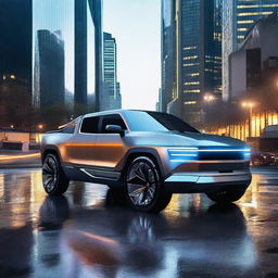A futuristic concept pickup truck with an innovative and aerodynamic design, featuring a glossy finish and cutting-edge technology