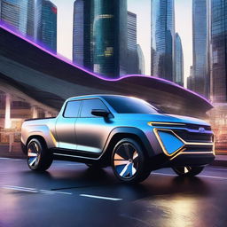 A futuristic concept pickup truck with an innovative and aerodynamic design, featuring a glossy finish and cutting-edge technology
