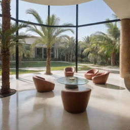 A comfortable first-floor seating area enveloped by polished glass walls on three sides. A palm tree stands majestically in the center surrounded by a neatly cut circular floor opening at the seating level.