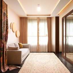 A well-organized 18x10 meter hall in a residential house, adorned with stylish furniture, lovely wall art, plush rugs, ambient lighting, and matching curtains.