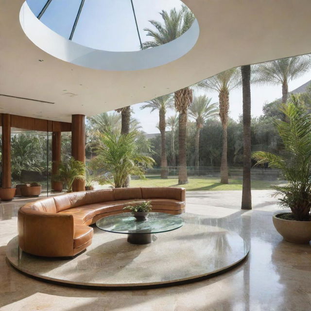 A comfortable first-floor seating area enveloped by polished glass walls on three sides. A palm tree stands majestically in the center surrounded by a neatly cut circular floor opening at the seating level.