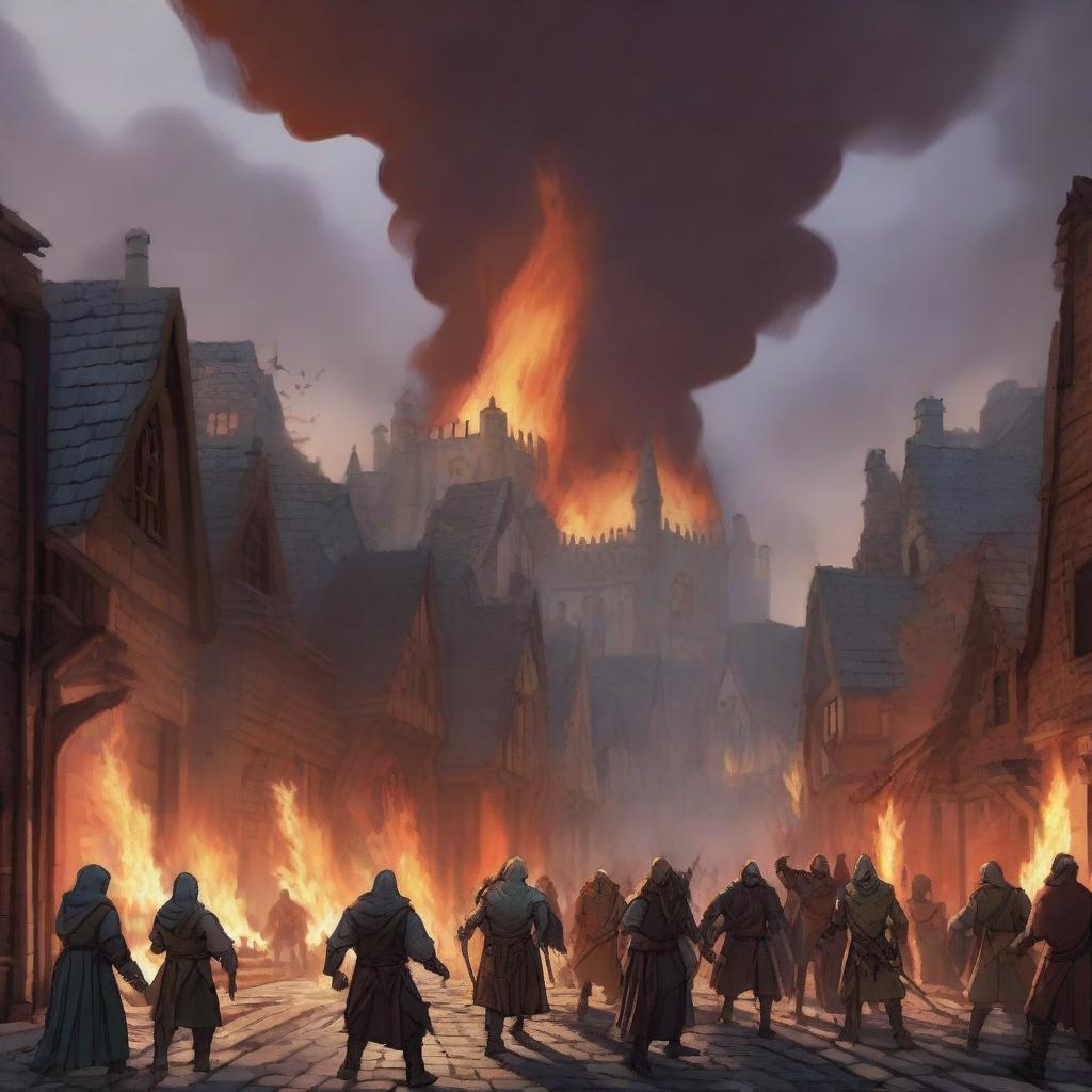 A detailed scene of a Dungeons & Dragons village engulfed in flames