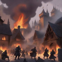 A detailed scene of a Dungeons & Dragons village engulfed in flames