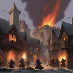 A detailed scene of a Dungeons & Dragons village engulfed in flames