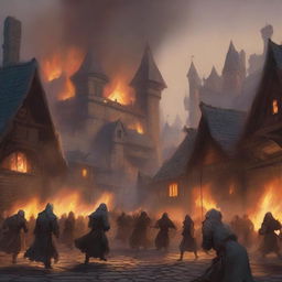A detailed scene of a Dungeons & Dragons village engulfed in flames