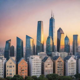 Various types of modern and traditional houses and skyscrapers, symbolizing real estate investment, layered on the backdrop of a futuristic city skyline at sunset.