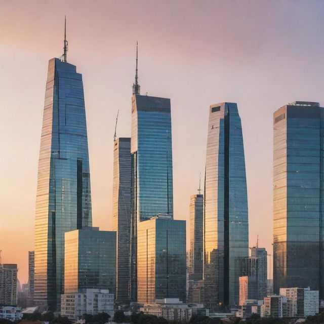 Various types of modern and traditional houses and skyscrapers, symbolizing real estate investment, layered on the backdrop of a futuristic city skyline at sunset.