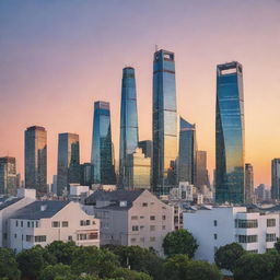 Various types of modern and traditional houses and skyscrapers, symbolizing real estate investment, layered on the backdrop of a futuristic city skyline at sunset.