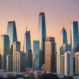 Various types of modern and traditional houses and skyscrapers, symbolizing real estate investment, layered on the backdrop of a futuristic city skyline at sunset.