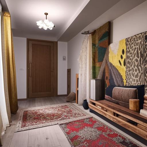 A well-organized 18x10 meter hall in a residential house, adorned with stylish furniture, lovely wall art, plush rugs, ambient lighting, and matching curtains.