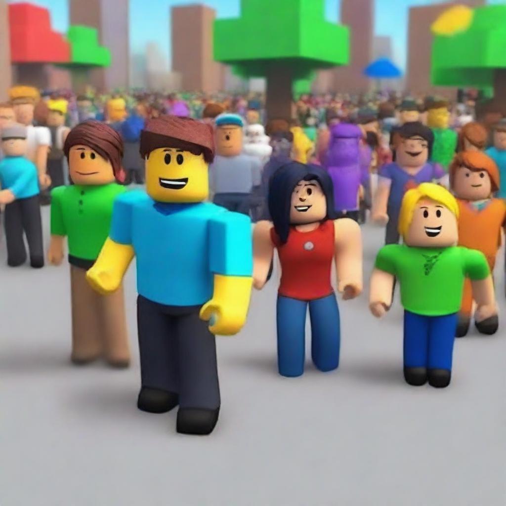 Create an image featuring characters in the style of Roblox