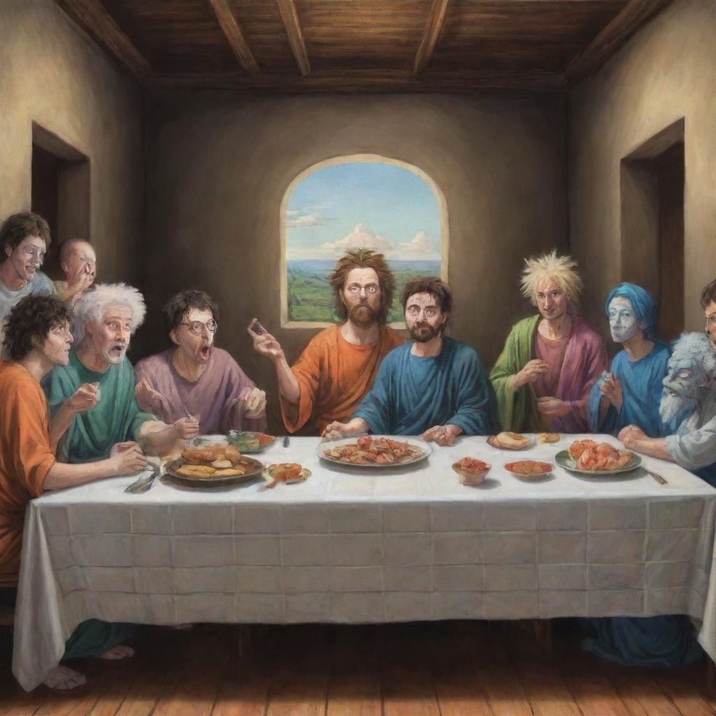 Generate an image of 'The Last Supper' painting with the characters Goku, Rick and Morty, Gon, Killua, Kira, Harry Potter, Naruto, Hisoka each drawn in their original artistic style.