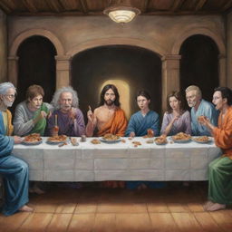 Generate an image of 'The Last Supper' painting with the characters Goku, Rick and Morty, Gon, Killua, Kira, Harry Potter, Naruto, Hisoka each drawn in their original artistic style.