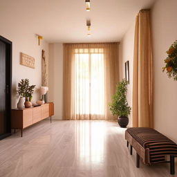 A well-organized 18x10 meter hall in a residential house, adorned with stylish furniture, lovely wall art, plush rugs, ambient lighting, and matching curtains.