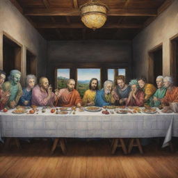 Generate an image of 'The Last Supper' painting with the characters Goku, Rick and Morty, Gon, Killua, Kira, Harry Potter, Naruto, Hisoka each drawn in their original artistic style.