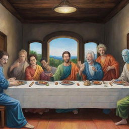 Generate an image of 'The Last Supper' painting with the characters Goku, Rick and Morty, Gon, Killua, Kira, Harry Potter, Naruto, Hisoka each drawn in their original artistic style.