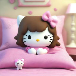 A 3D rendering of Hello Kitty lying in bed