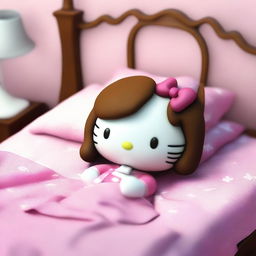 A 3D rendering of Hello Kitty lying in bed