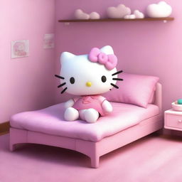 A 3D rendering of Hello Kitty lying in bed