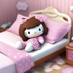 A 3D rendering of Hello Kitty lying in bed