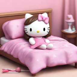 A 3D rendering of Hello Kitty lying in bed