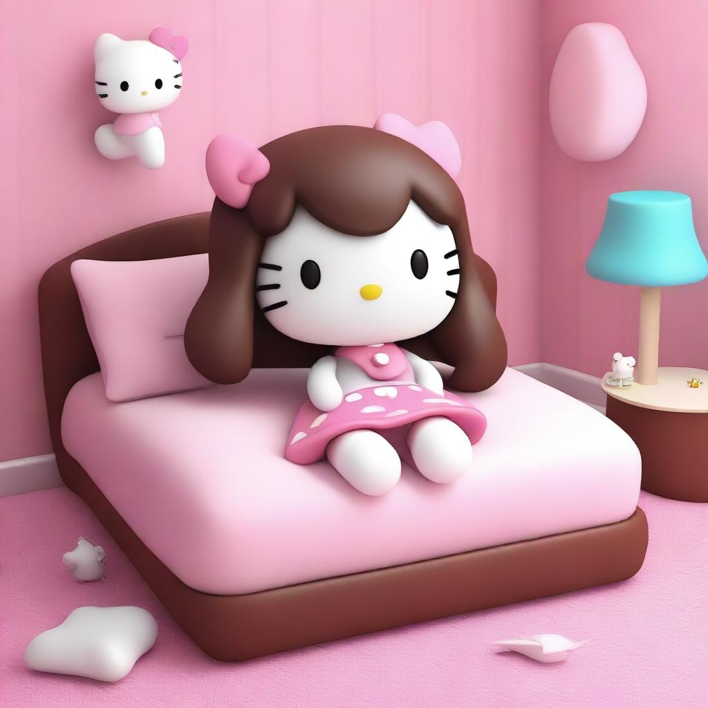 A 3D rendering of Hello Kitty with very long brown hair that has bangs and a septum piercing
