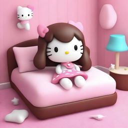 A 3D rendering of Hello Kitty with very long brown hair that has bangs and a septum piercing