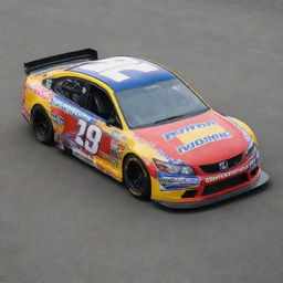 A Honda car transformed into a NASCAR version, accentuated with eye-catching colors, race-specific modifications, and decked with assorted sponsor logos.