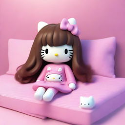 A 3D rendering of Hello Kitty with very long brown hair that has bangs and a septum piercing