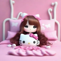 A 3D rendering of Hello Kitty with very long brown hair that has bangs and a septum piercing