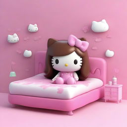 A 3D rendering of Hello Kitty with very long brown hair that has bangs and a septum piercing