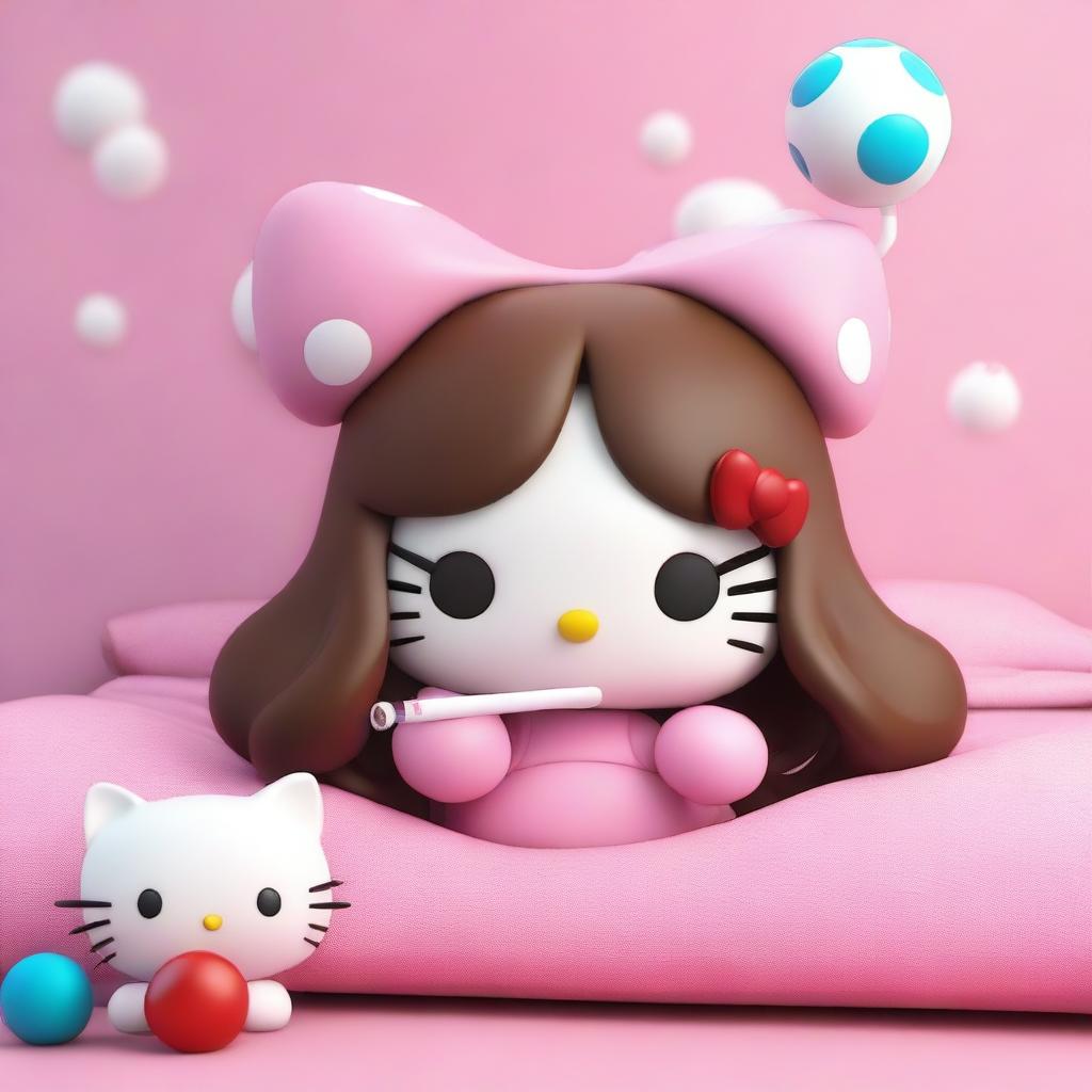 A 3D rendering of Hello Kitty with very long brown hair that has bangs and a septum piercing