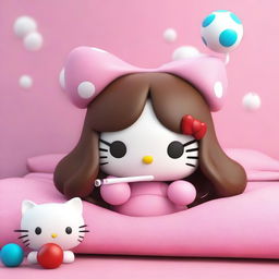 A 3D rendering of Hello Kitty with very long brown hair that has bangs and a septum piercing