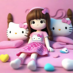 A 3D rendering of Hello Kitty with very long brown hair that has bangs and a septum piercing