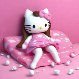 A 3D rendering of Hello Kitty with very long brown hair that has bangs and a septum piercing