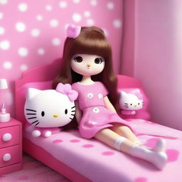 A 3D rendering of Hello Kitty with very long brown hair that has bangs and a septum piercing