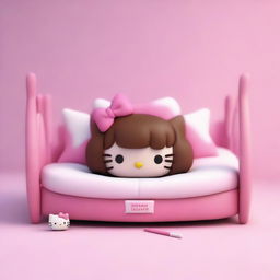 A 3D rendering of Hello Kitty lying in a kawaii pink bed