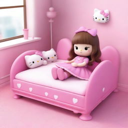 A 3D rendering of Hello Kitty lying in a kawaii pink bed