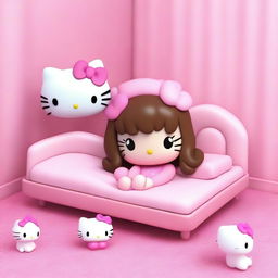 A 3D rendering of Hello Kitty lying in a kawaii pink bed