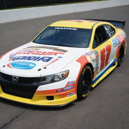 A Honda car transformed into a NASCAR version, accentuated with eye-catching colors, race-specific modifications, and decked with assorted sponsor logos.