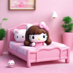 A 3D rendering of Hello Kitty lying in a kawaii pink bed