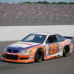 A Honda car transformed into a NASCAR version, accentuated with eye-catching colors, race-specific modifications, and decked with assorted sponsor logos.