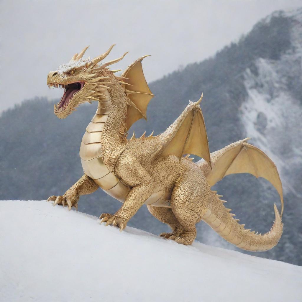 A golden Ghibli-style dragon winding its way around a snow-covered mountain