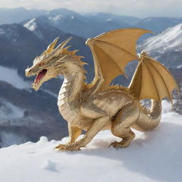 A golden Ghibli-style dragon winding its way around a snow-covered mountain